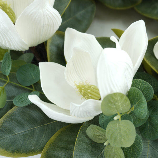 WF000240021-1 Artificial White Magnolia Spring Wreath – Floral Front Door Wreath with Eucalyptus