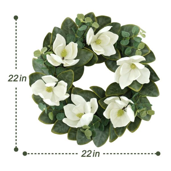 WF000240021-4 Artificial White Magnolia Spring Wreath – Floral Front Door Wreath with Eucalyptus