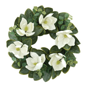 Artificial White Magnolia Spring Wreath – Floral Front Door Wreath with Eucalyptus