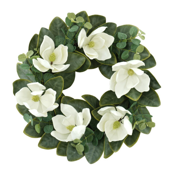 WF000240021 Artificial White Magnolia Spring Wreath – Floral Front Door Wreath with Eucalyptus