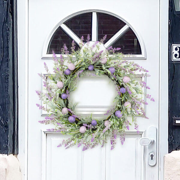 WF000240022-2 Artificial Lavender & Easter Egg Spring Wreath – Purple Floral Front Door Décor