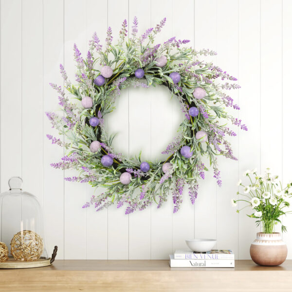 WF000240022-3 Artificial Lavender & Easter Egg Spring Wreath – Purple Floral Front Door Décor