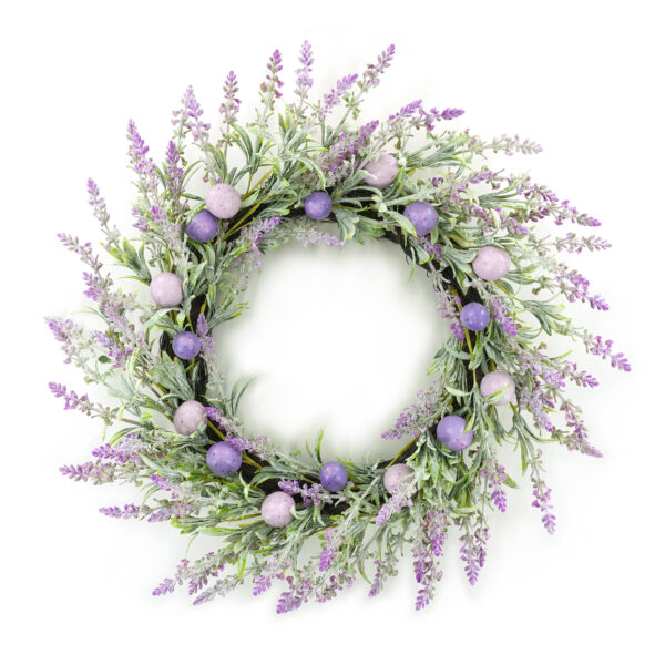 WF000240022 Artificial Lavender & Easter Egg Spring Wreath – Purple Floral Front Door Décor