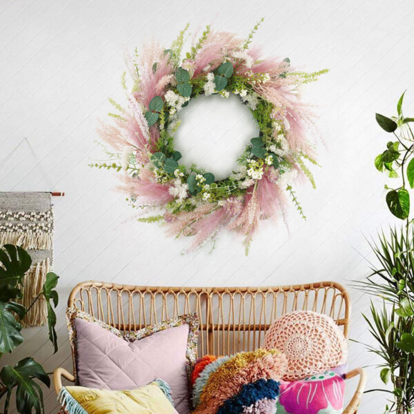 WF000240023-2 Artificial Dried Flower Spring Wreath – Pink Pampas & Pastel Boho Front Door Wreath