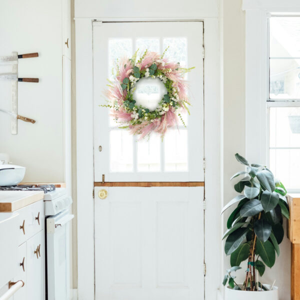 WF000240023-3 Artificial Dried Flower Spring Wreath – Pink Pampas & Pastel Boho Front Door Wreath