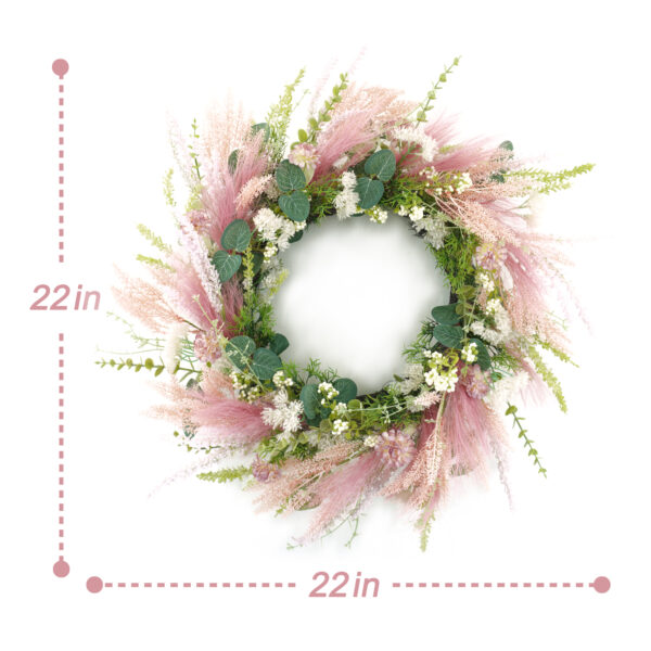 WF000240023-4 Artificial Dried Flower Spring Wreath – Pink Pampas & Pastel Boho Front Door Wreath