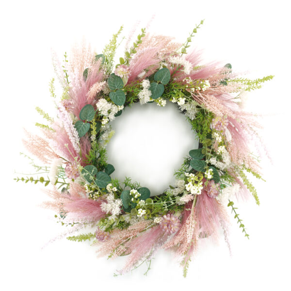 WF000240023 Artificial Dried Flower Spring Wreath – Pink Pampas & Pastel Boho Front Door Wreath