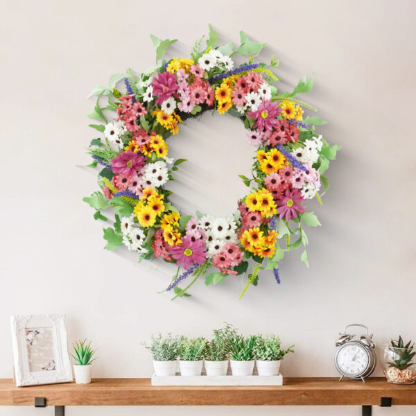 WF000240024-3 Artificial Daisy Spring Wreath – Colorful Wildflower Wreath for Front Door