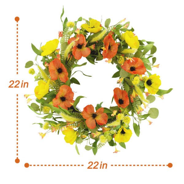 WF000240025-4 Artificial Poppy Spring Wreath – Yellow & Orange Floral Wreath for Front Door