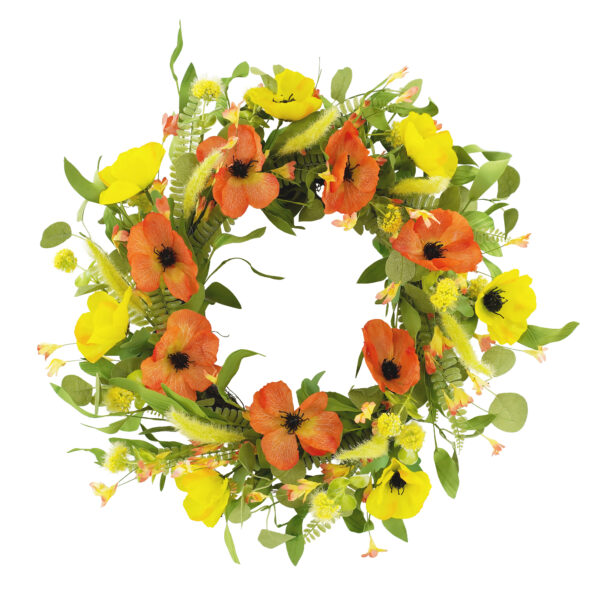 WF000240025 Artificial Poppy Spring Wreath – Yellow & Orange Floral Wreath for Front Door