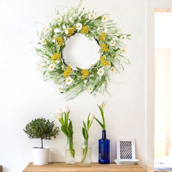 WF000240028-2 Artificial White Daisy Spring Wreath – Wildflower Greenery Wreath for Front Door
