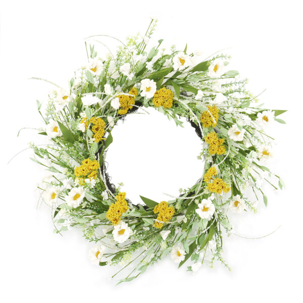 WF000240028 Artificial White Daisy Spring Wreath – Wildflower Greenery Wreath for Front Door