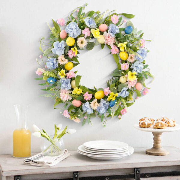 WF000240030-2 Artificial Wildflower & Lemon Spring Wreath – Easter Egg Floral Front Door Wreath