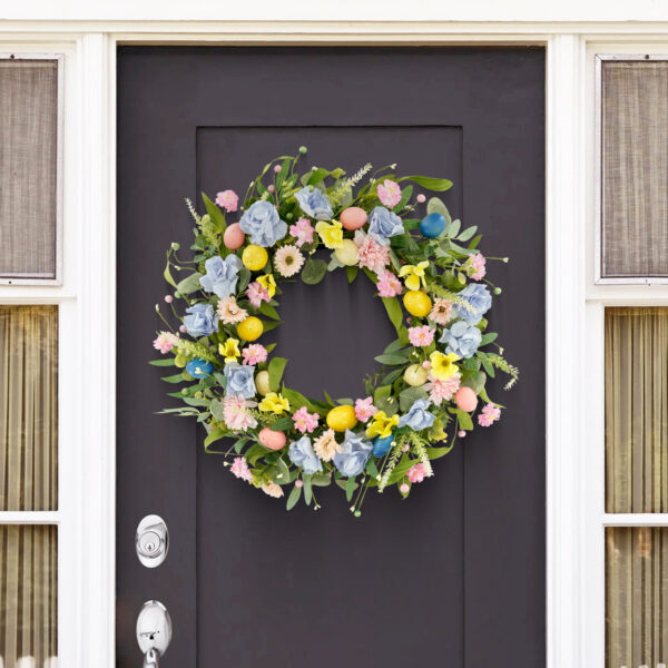 WF000240030-3 Artificial Wildflower & Lemon Spring Wreath – Easter Egg Floral Front Door Wreath