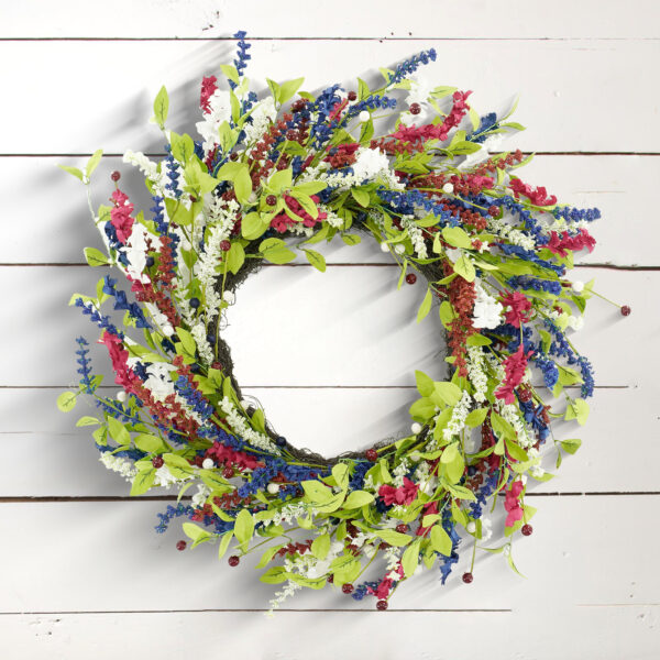 Artificial Patriotic Lavender Wreath – Red, White & Blue Spring Wreath for Front Door