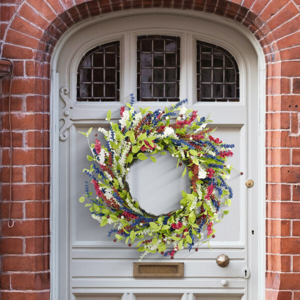 Artificial Patriotic Lavender Wreath – Red, White & Blue Spring Wreath for Front Door