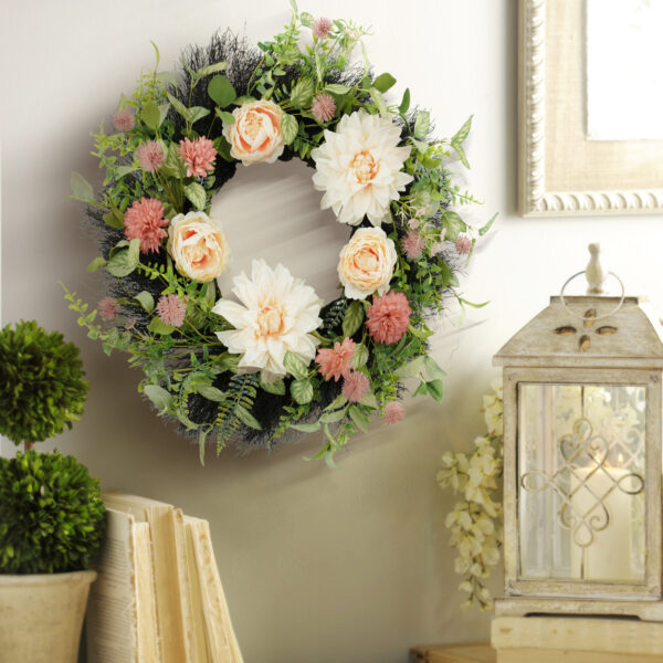 WF000240035-2 Artificial Pink Dahlia & Rose Spring Wreath – Floral Front Door Wreath