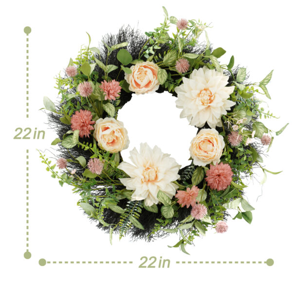 WF000240035-4 Artificial Pink Dahlia & Rose Spring Wreath – Floral Front Door Wreath