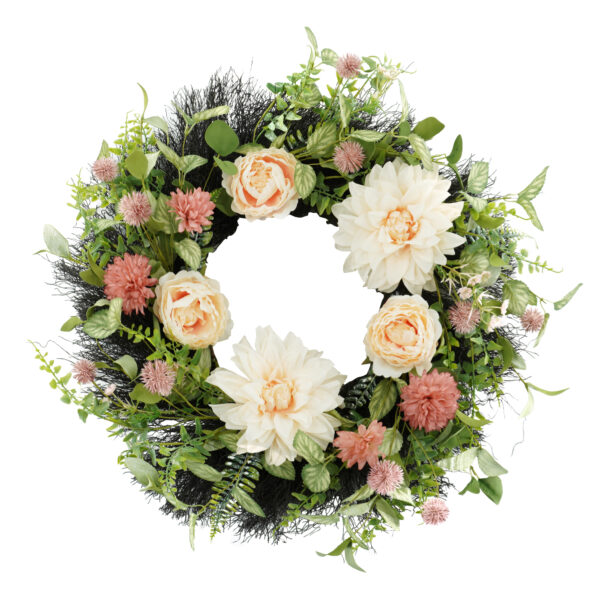 WF000240035 Artificial Pink Dahlia & Rose Spring Wreath – Floral Front Door Wreath