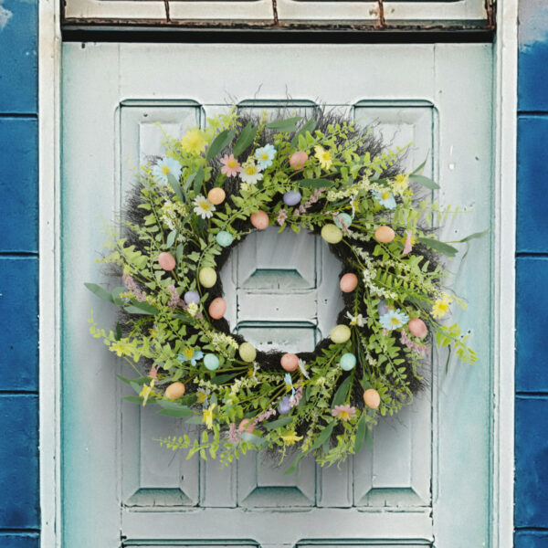 WF000240036-3 Artificial Easter Egg Wreath – Spring Greenery & Wildflower Front Door Décor
