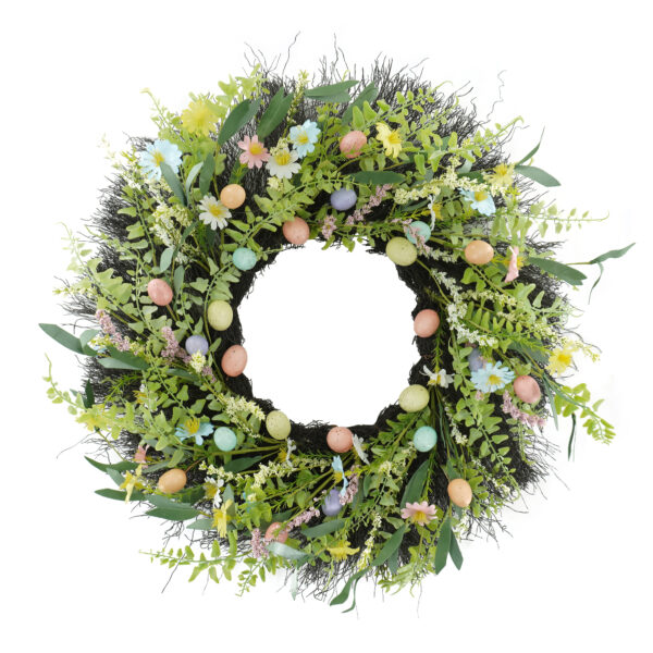 WF000240036 Artificial Easter Egg Wreath – Spring Greenery & Wildflower Front Door Décor