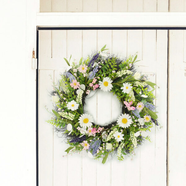 WF000240037-3 Artificial Wildflower Spring Wreath – Colorful Daisy & Greenery Front Door Wreath