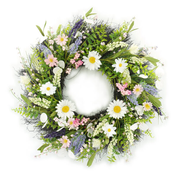 WF000240037 Artificial Wildflower Spring Wreath – Colorful Daisy & Greenery Front Door Wreath