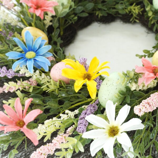 WF000240040-1 Artificial Easter Wreath – Daisy & Lavender Spring Floral Wreath with Eggs for Front Door