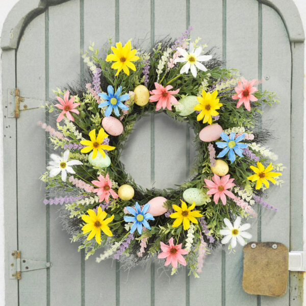 WF000240040-3 Artificial Easter Wreath – Daisy & Lavender Spring Floral Wreath with Eggs for Front Door