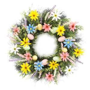 WF000240040 Artificial Easter Wreath – Daisy & Lavender Spring Floral Wreath with Eggs for Front Door