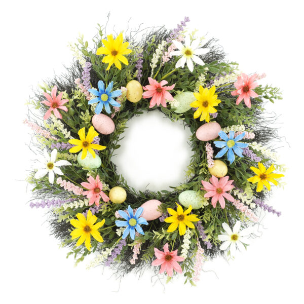WF000240040 Artificial Easter Wreath – Daisy & Lavender Spring Floral Wreath with Eggs for Front Door