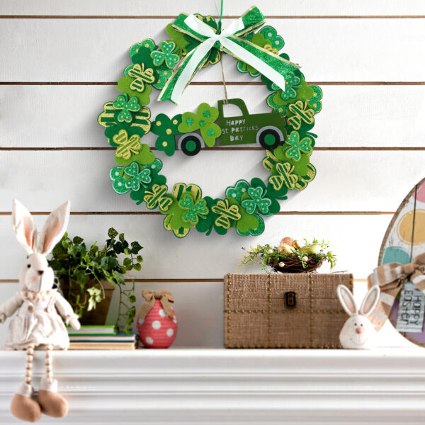 WF000240041-4 Artificial St. Patrick's Day Wreath – Shamrock Clover Wreath Set with Bow for Front Door