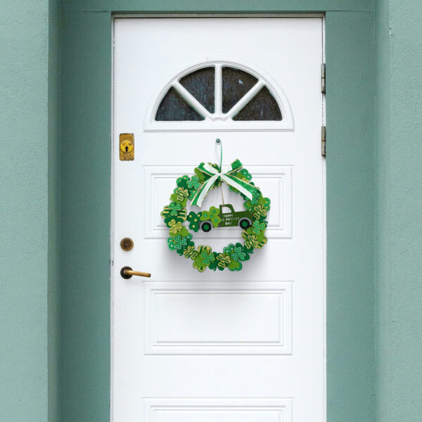 WF000240041-5 Artificial St. Patrick's Day Wreath – Shamrock Clover Wreath Set with Bow for Front Door