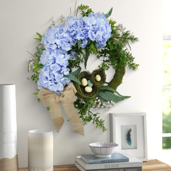 Artificial Pink Hydrangea Spring Wreath – Bird's Nest Floral Front Door Wreath