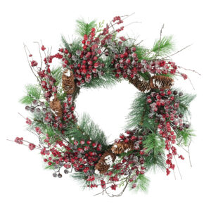 WF000240048 Artificial Pine Needle Christmas Wreath with Frosted Red Berries & Pinecones