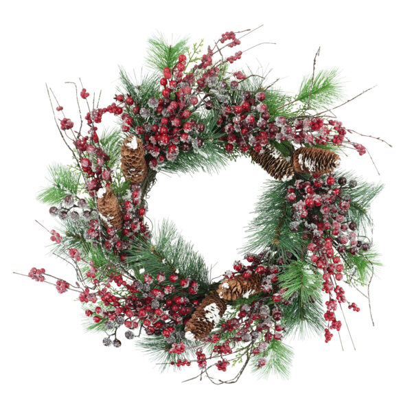 WF000240048 Artificial Pine Needle Christmas Wreath with Frosted Red Berries & Pinecones