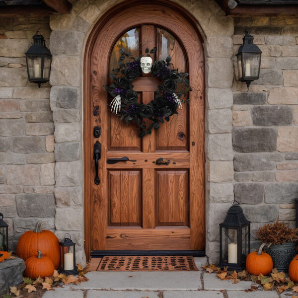 Halloween LED Skull Wreath with Black Roses & Purple Lights – Spooky Gothic Front Door Décor
