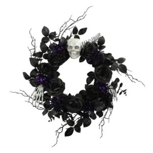 Halloween LED Skull Wreath with Black Roses & Purple Lights – Spooky Gothic Front Door Décor