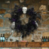 Halloween LED Skull Wreath with Black Roses & Purple Lights – Spooky Gothic Front Door Décor