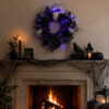 Halloween LED Skull Wreath with Black Roses & Purple Lights – Spooky Gothic Front Door Décor