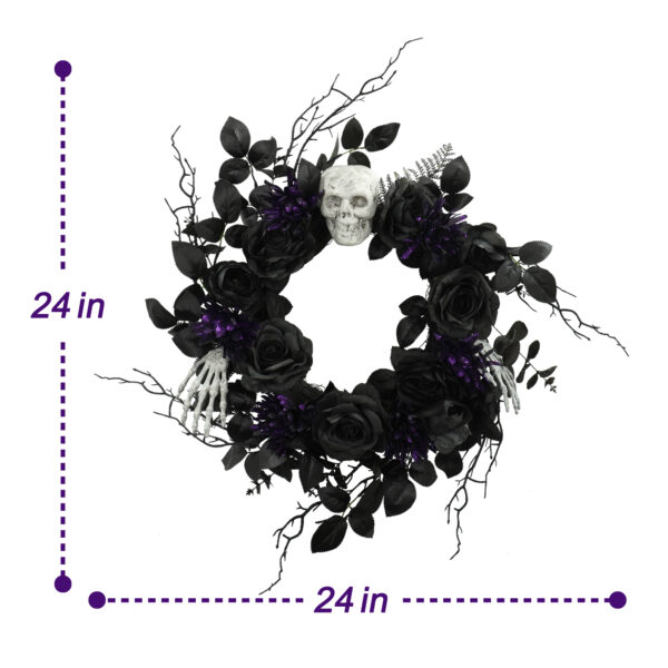 Halloween LED Skull Wreath with Black Roses & Purple Lights – Spooky Gothic Front Door Décor