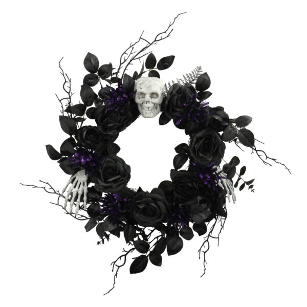 Halloween LED Skull Wreath with Black Roses & Purple Lights – Spooky Gothic Front Door Décor