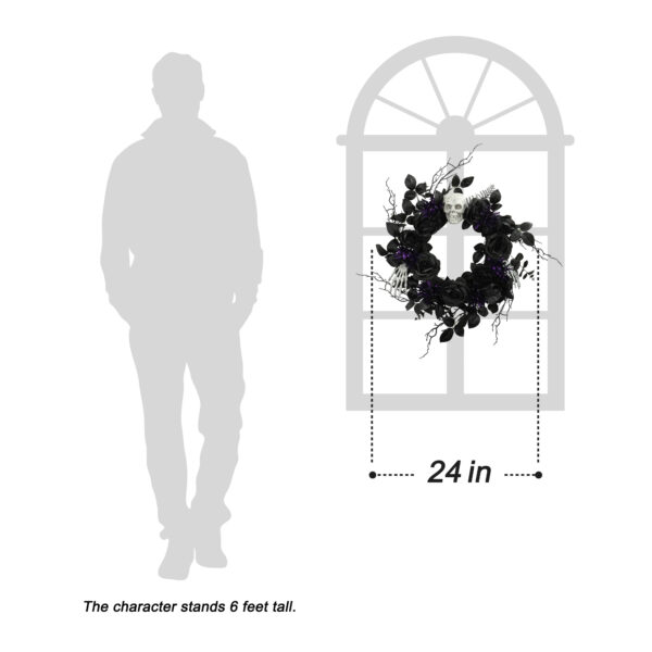 Halloween LED Skull Wreath with Black Roses & Purple Lights – Spooky Gothic Front Door Décor