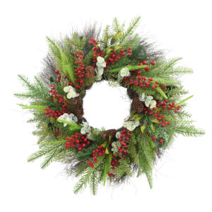 WF000240050 Artificial Pine Christmas Wreath with Red Berries & Pinecones – Holiday Front Door Décor