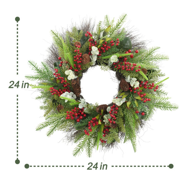 Artificial Pine Christmas Wreath with Red Berries & Pinecones – Holiday Front Door Décor