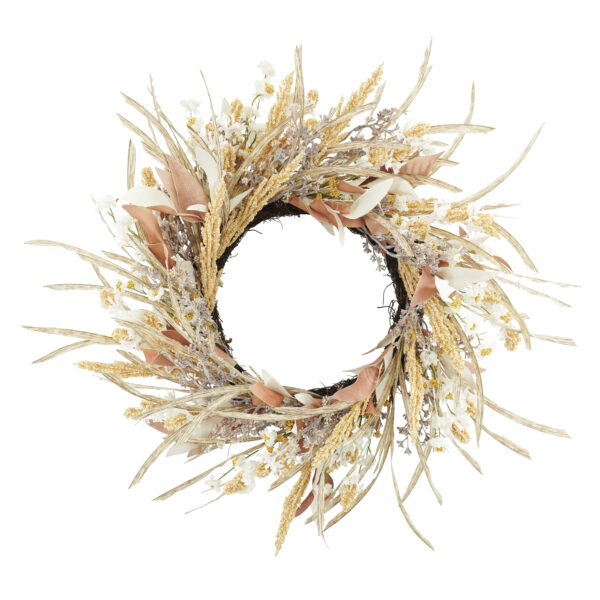 WF000240053 Artificial Boho Meadow Grass Wreath – Neutral Wildflower Wreath for Front Door, Farmhouse Décor