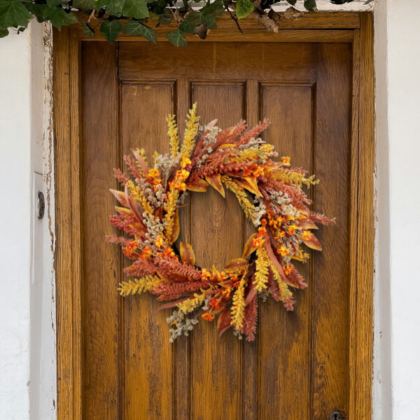 Artificial Fall Harvest Wreath with Orange & Yellow Foliage – Thanksgiving Front Door Décor