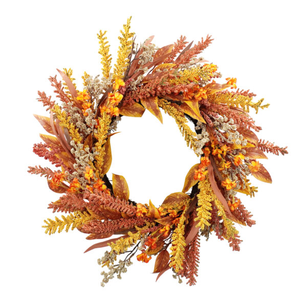 Artificial Fall Harvest Wreath with Orange & Yellow Foliage – Thanksgiving Front Door Décor