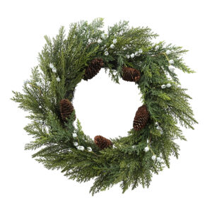 WF000240058 Artificial Pine Winter Wreath with Pinecones & Frosted White Berries – Holiday Door Décor