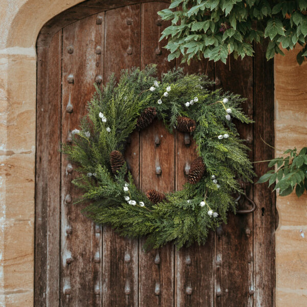 Artificial Pine Winter Wreath with Pinecones & Frosted White Berries – Holiday Door Décor